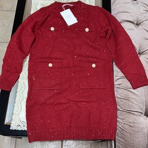 Red sparkly sweater dress with pearl buttons
